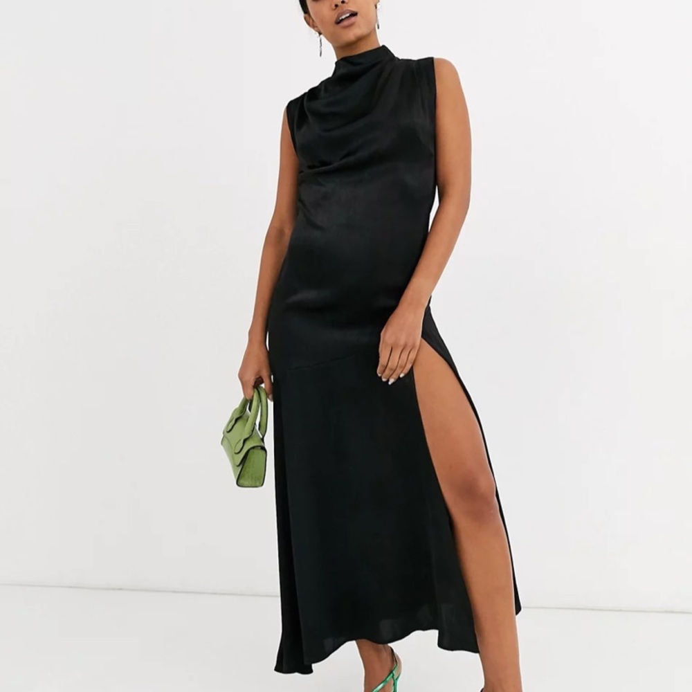 ASOS DESIGN high neck washed satin midi with cowl back